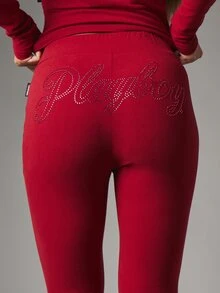 Missguided x Playboy Flare Leg High Rise Casual Pants With Rhinestone Script Bum Print And Bunny Logo Detail Full Length - Burgundy - View 4
