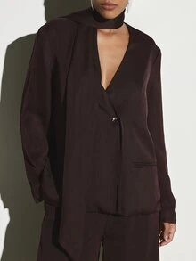 KSTM Blazer Kancing Tunggal Leher V Dalam dengan Kerah Syal Berlipat Lengan Panjang Potongan Longgar Jaket Musim Gugur Musim Dingin untuk Pakaian Kantor - Coklat - View 6