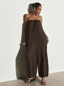 KSTM Strapless Balloon Leg Jumpsuit Satin Finish Pleated Bust Relaxed Wide Leg Full Length One Piece Summer Holiday Party Occasion Wear - Coffee Brown - View 5