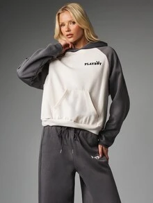 Missguided x Playboy Sweatshirt Pullover Oversized dengan Logo, Blok Warna, Lengan Panjang Raglan, Saku Tengah, Atasan Streetwear Kasual Musim Gugur dan Musim Dingin - MultiWarna - View 4