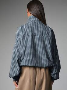 MISSGUIDED Oversized Checked Shirt With Mock Neck Balloon Sleeves And Button Cuffs Cropped Boxy Fit Fall Winter Essential Top - Navy Blue - View 2