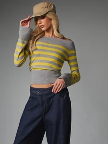 MISSGUIDED ملابس علوية قصيرة محبوكة مخططة بكتف مكشوف وأكمام جرس وحافة مضلعة للارتداء اليومي العادي في فصلي الخريف والشتاء - متعدد الألوان - مشاهدة 4