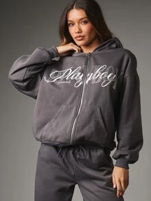 Missguided x Playboy Full-Zip Oversized Sweatshirt With Rhinestone Script Logo Front Print Centre Pocket Washed Charcoal Fleece - Grey - View 5