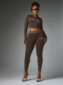 BABYPHAT Logo Leggings With Contrast Waistband Trim And Script Print Front And Back High Rise Skinny Fit - Chocolate Brown - View 4