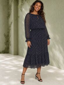 ELLERISSA Plus Size Black And White Polka Dot Drawstring Waist Blouson Sleeve Midi Dress - Black and White - View 3