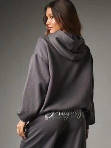 Missguided x Playboy Full-Zip Oversized Sweatshirt With Rhinestone Script Logo Front Print Centre Pocket Washed Charcoal Fleece - Grey - View 3
