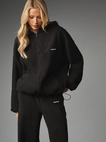 MISSGUIDED Oversized Full-Zip Fleece Sweatshirt With Logo Detail Long Sleeve Cozy Winter Essential - Black - View 1