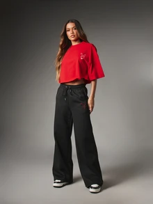 Missguided x Playboy Wide Leg Sweatpants With Rhinestone Bunny Logo And Script Print Elastic Drawstring Waist Side Pockets Casual Everyday Style - Black - View 3