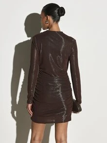 KSTM Metallic Shimmer Bodycon Mini Dress With Cowl Neck Long Sleeves And Side Ruching Party Night Out Holiday Season - Coffee - View 2