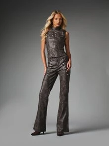 MISSGUIDED Faux Leather Flared Bootcut Pants With Silver Snap Buttons Washed Finish High Waist Full Length Trousers Fall Winter - Black - View 4
