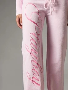Missguided x Playboy Script Embroidered Wide Leg Knit Lounge Pants With Drawstring Waist Low Rise Full Length Casual Cozy Style - Pink - View 3