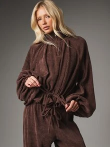 MISSGUIDED Ribbed Knit Co-Ord Set Oversized Half-Zip Puff Sleeve Top And Wide Leg Palazzo Trousers Matching Two Pieces Autumn Winter Loungewear - Coffee Brown - View 2