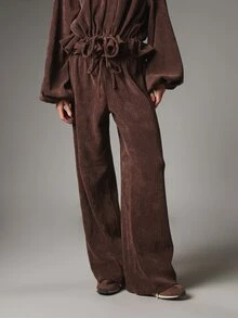 MISSGUIDED Ribbed Knit Co-Ord Set Oversized Half-Zip Puff Sleeve Top And Wide Leg Palazzo Trousers Matching Two Pieces Autumn Winter Loungewear - Coffee Brown - View 3