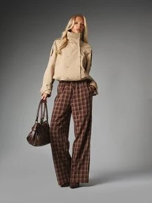 MISSGUIDED Wide Leg Plaid Casual Pants With Drawstring Elastic Waist Full Length Palazzo Trousers Fall Winter Relaxed Fit - Multicolor - View 4