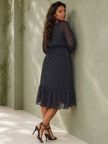ELLERISSA Plus Size Black And White Polka Dot Drawstring Waist Blouson Sleeve Midi Dress - Black and White - View 2