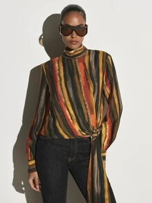 KSTM Watercolor Vertical Stripe Turtleneck Blouse With Long Sleeves And Side Ring Tie Detail Fall Winter Boho - Multicolor - View 1