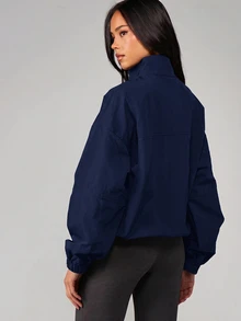 MISSGUIDED Half Zip Pullover Windbreaker Jacket With Mock Neck Centre Pocket Elastic Cuffs Oversized Boxy Fit Lightweight Anorak - Navy Blue - View 2