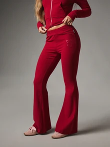 Missguided x Playboy Flare Leg High Rise Casual Pants With Rhinestone Script Bum Print And Bunny Logo Detail Full Length - Burgundy - View 2
