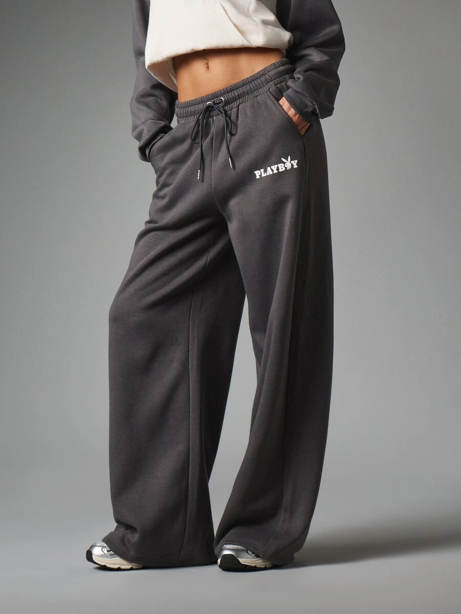 Missguided x Playboy Bunny Logo Wide Leg Sweatpants With Drawstring Waist And Side Pockets Casual Fleece Jogger Trousers Fall Winter Lounge - Dark Grey - View 1