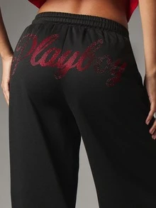 Missguided x Playboy Wide Leg Sweatpants With Rhinestone Bunny Logo And Script Print Elastic Drawstring Waist Side Pockets Casual Everyday Style - Black - View 5