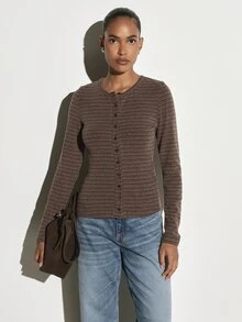 KSTM Striped Long Sleeve Button-Front Crew Neck Fitted Top Autumn Winter Soft Knit Slim Fit Everyday Casual Layer - Brown - View 1