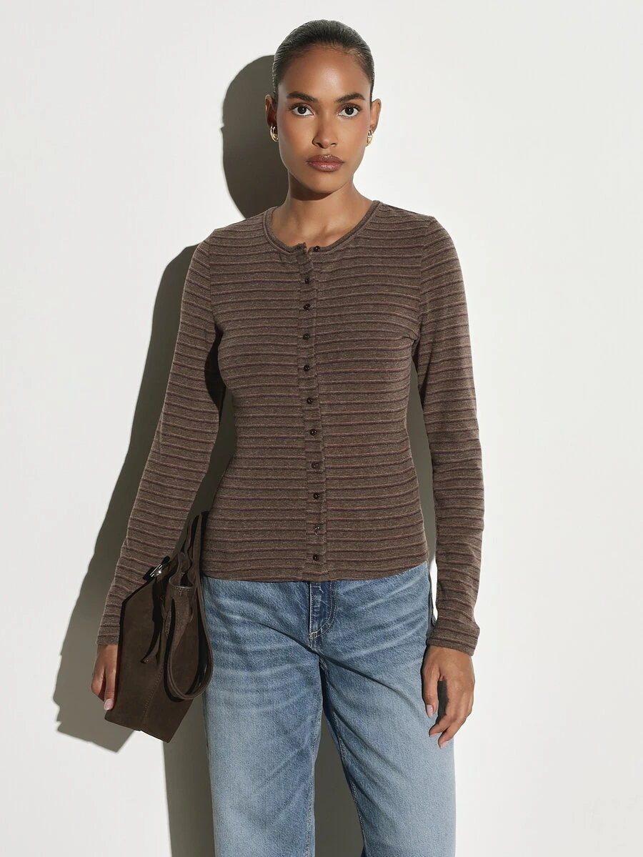 KSTM Striped Long Sleeve Button-Front Crew Neck Fitted Top Autumn Winter Soft Knit Slim Fit Everyday Casual Layer - Brown - View 1
