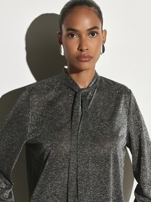 KSTM Blus Lengan Panjang Berkilau Metalik dengan Ikat Leher, Leher V, Kancing Depan, Atasan Berkilau untuk Pesta Malam Liburan - Hitam - View 5