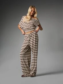 MISSGUIDED Striped Co-Ord Set Off-Shoulder Batwing Crop Top And Wide Leg High Rise Casual Drawstring Pants Summer Two Pieces Outfit - Multicolor - View 3