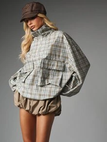 MISSGUIDED Oversized Plaid Half-Zip Jacket With Cargo Pockets Stand Collar And Balloon Sleeves Fall Winter Outerwear - Beige - View 1
