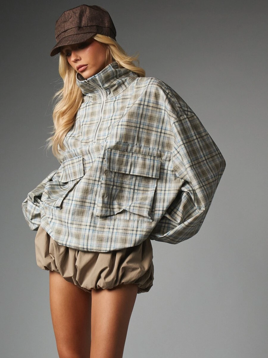 MISSGUIDED Oversized Plaid Half-Zip Jacket With Cargo Pockets Stand Collar And Balloon Sleeves Fall Winter Outerwear - Beige - View 1