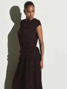 KSTM Cap Sleeve Pleated Maxi Dress With Tie Waist Belt Crew Neck A-Line Flowy Skirt Fall Winter Elegant Evening Occasion Dress - Coffee Brown - View 3
