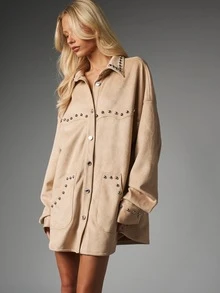 MISSGUIDED Jaket model shacket ukuran besar berbahan suede imitasi dengan detail lubang kancing logam perak, saku tempel di bagian depan, dan manset lebar. Cocok untuk musim gugur dan musim dingin. - Khaki - View 5