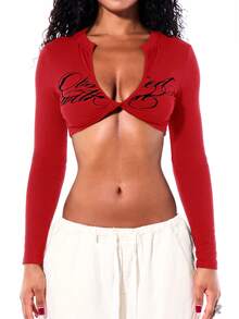 SUMWON WOMEN Long Sleeve Deep V-Neck Twist Front Crop Top With Script Graphic Print Ultra Cropped Party Night Out Top - Red - View 5