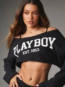 Missguided x Playboy Est. 1953 Off-Shoulder Oversized Crop Sweatshirt Lengan Panjang Boxy Fit Varsity Logo Front Print Top - Hitam - View 4