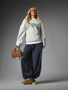 MISSGUIDED Sweatshirt Oversized Kerah Bulat dengan Cetakan Grafis Lengkung Kota New York, Pullover Fleece Lengan Panjang Bahu Jatuh, Atasan Musim Gugur/Musim Dingin - Light Grey - View 3