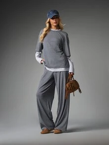 MISSGUIDED Oversized Striped Co-Ord Set Crew Neck Boxy Tee And Wide Leg Full Length Casual Pants Matching Two Pieces Outfit - Black and White - View 4