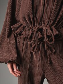 MISSGUIDED Ribbed Knit Co-Ord Set Oversized Half-Zip Puff Sleeve Top And Wide Leg Palazzo Trousers Matching Two Pieces Autumn Winter Loungewear - Coffee Brown - View 5