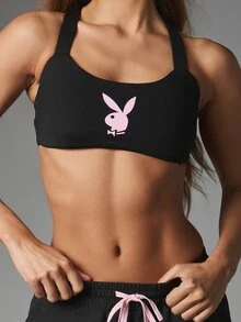 Missguided x Playboy Bunny Logo Sports Bra With Cross Back Strappy Design And Pink Graphic Print For Summer Gym Active Wear - Black - View 4