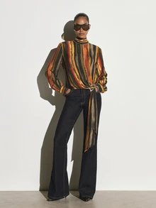 KSTM Watercolor Vertical Stripe Turtleneck Blouse With Long Sleeves And Side Ring Tie Detail Fall Winter Boho - Multicolor - View 3