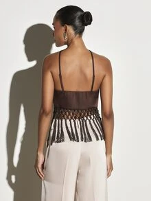 KSTM Atasan Crop Top Satin Model Halter Neck dengan Detail Rumbai Makrame di Bagian Bawah, Tali Silang, Desain Tanpa Punggung, Cocok untuk Pesta Malam Musim Panas - Coffee Brown - View 2