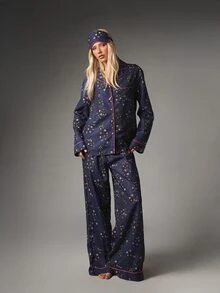 MISSGUIDED Long Sleeve Notch Collar Button-Front Pyjama Set With Cat And Stars Print And Contrast Piping Trim Including Wide Leg Pants - Multicolor - View 1