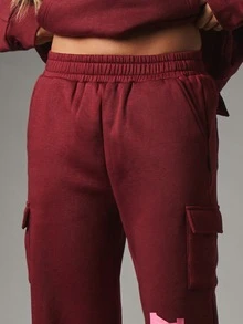 Missguided x Playboy Bunny Logo Wide Leg Cargo Fleece Sweatpants With Bold Leg Print And Utility Pockets Fall Winter Casual Streetwear - Burgundy - View 5