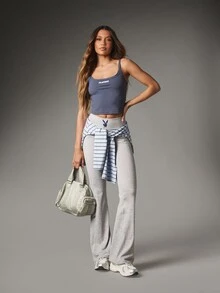 Missguided x Playboy Bunny Logo High Rise Flared Leggings With Waistband Branding And Bum Print Full Length Flare Pants - Light Grey - View 2