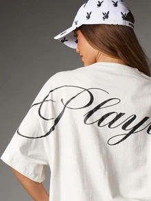 Missguided x Playboy Oversized Crew Neck Short Sleeve T-Shirt With Cursive Script Back Print Summer Casual Streetwear Style - Black - View 4