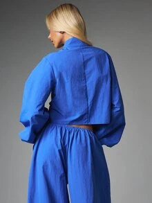 MISSGUIDED Cropped Balloon Sleeve Jacket With Stand Collar And Concealed Button Closure Summer Festival Style - Blue - View 2