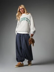 MISSGUIDED Checked Harem Pants With Elastic Waist Drawstring Baggy Wide Leg Full Length Casual Trousers Fall Winter - Multicolor - View 4