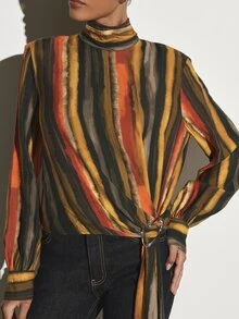 KSTM Watercolor Vertical Stripe Turtleneck Blouse With Long Sleeves And Side Ring Tie Detail Fall Winter Boho - Multicolor - View 6