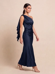 QUIZ One Shoulder Draped Ruffle Detail Bodycon Midaxi Dress - Navy Blue - View 3