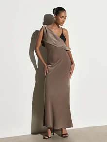 KSTM Satin Dress With Asymmetric Cowl Drape One-Shoulder Sleeveless Mermaid Silhouette Floor-Length Formal Evening Gown Wedding Guest Party - Mocha Brown - View 1