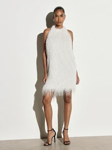 KSTM Feathered Fringe Halter Mini Dress Open Back Shift Silhouette Fluffy Texture Party New Year Eve Night Out - Khaki - View 3